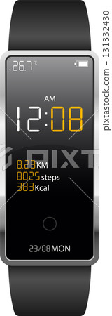Close-up of a fitness tracker displaying the time, distance, steps, and calories burned on the screen. 131332430