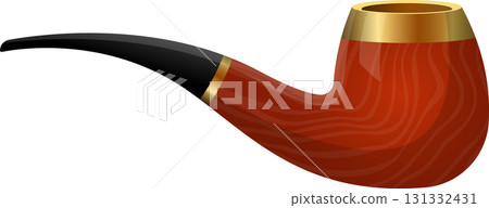 A vintage smoking pipe with a red wooden bowl, black stem, and a gold colored accent ring. 131332431