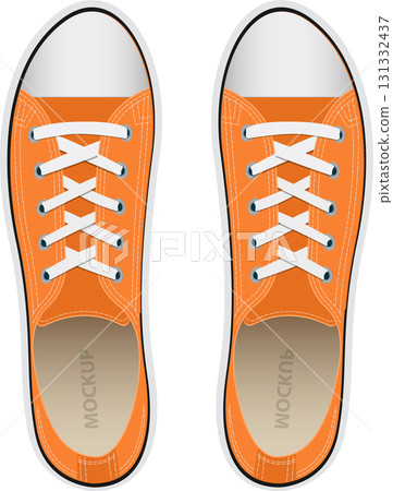 A pair of orange canvas sneakers with white laces, viewed from above, on a transparent background. 131332437