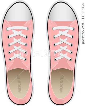 Two pink canvas sneakers face up, laced with white laces and rubber soles, in a vector style. Two pink canvas sneakers face up, laced with white laces and rubber soles, in a vector style. 131332438