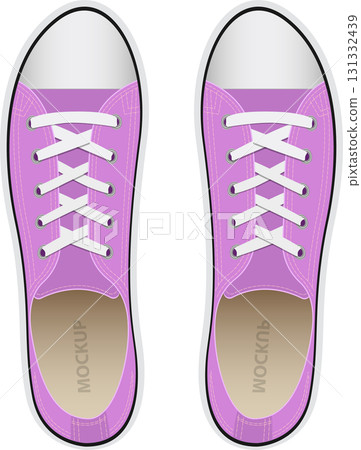 A pair of lilac low top sneakers with white laces. Casual and cute footwear for everyday use. A pair of lilac low top sneakers with white laces. Casual and cute footwear for everyday use. 131332439
