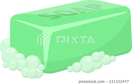 A block of green bar soap with sudsy bubbles at its base. The word soap is also visible. 131332477