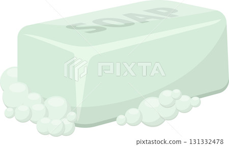 Illustration of a bar of soap with bubbles, often used for washing, hygiene, and cleanliness. 131332478
