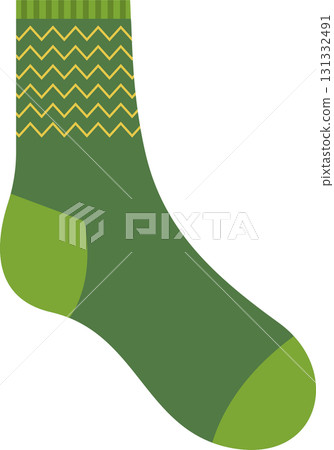Stylized green sock with yellow chevron design and lighter green heel and toe on black backdrop. 131332491