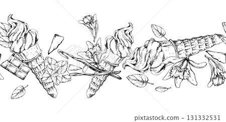 Mint leaves on soft ice cream swirl in waffle cone with chocolate bits, vanilla flower pods. Vector graphic seamless banner border hand drawn in pen and ink. Dessert art, cafe sheet, summer fair decor 131332531