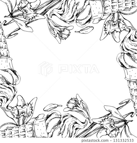 Soft ice cream swirl in wafer cone, frozen yoghurt whipped cream mousse, vanilla orchid flower and pod. Vector graphic square border frame illustration hand drawn in pen and ink. Summer flyer print 131332533