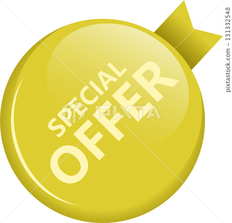 Shining yellow badge displays 'Special Offer' to entice customers with a sales promotion. 131332548