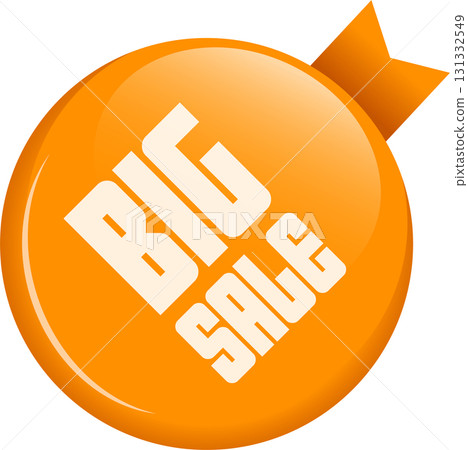 An orange promo badge advertises a large discount, a call to action on an isolated background. 131332549