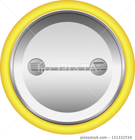 Circular pin with yellow border, silver center, and horizontal pin with triangle and ridges. 131332559