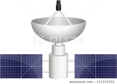 Illustration of a satellite with a dish antenna and solar panels, symbolizing communication tech. 131332593