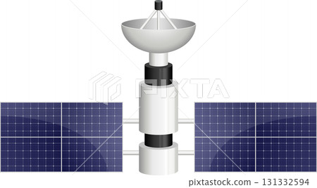 Illustration of a satellite, including solar panels, and communications dish, against black. 131332594