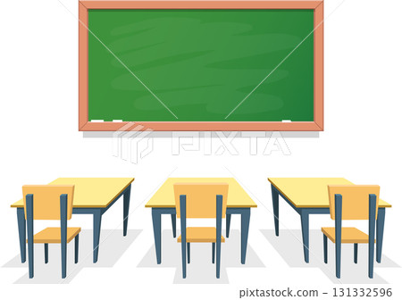 Classroom scene: Desks and chairs face a chalkboard, setting the stage for learning and education. 131332596