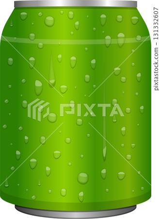 Refreshing green beverage can with water droplets glistening, suggesting a cool and crisp taste. 131332607