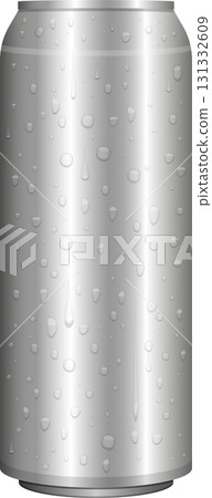 A cold metal can glistens with water droplets, suggesting a refreshing and chilled beverage inside. 131332609