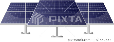 Array of three blue and silver solar panels used to convert sunlight to renewable energy. 131332638