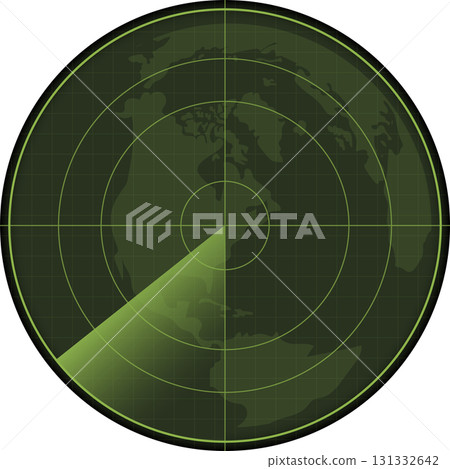 Illustration of a round green radar display showing a world map with a sweeping radar arm. 131332642