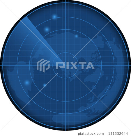 Blue radar screen displays signals over a world map, showing detected objects and scanner sweep. Blue radar screen displays signals over a world map, showing detected objects and scanner sweep. 131332644