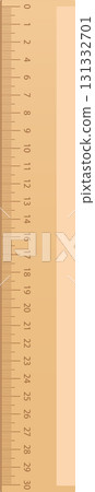 A tan-colored ruler shows measurements in centimeters from zero to thirty. It's a basic measuring tool. 131332701