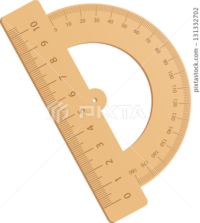 A wooden protractor, marked in increments, showing angles and measurements, on a black background. 131332702