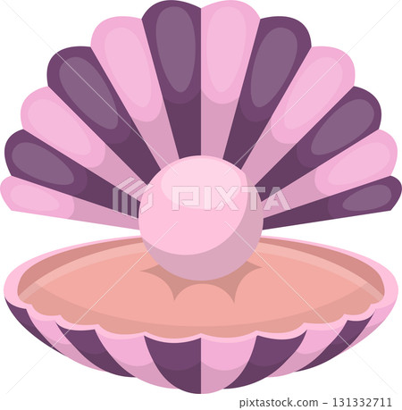 Elegant cartoon illustration of a pink pearl nestled inside a decorative seashell. Cartoon style. 131332711