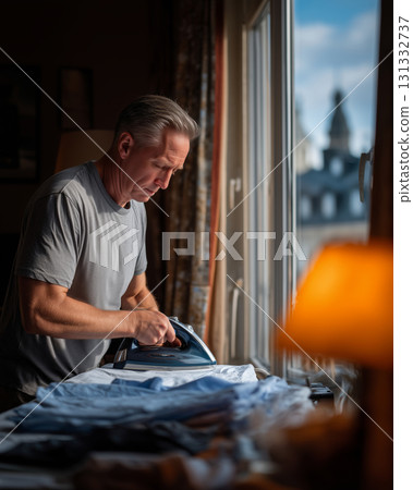Man focuses on ironing a shirt in a cozy home setting during the day Man focuses on ironing a shirt in a cozy home setting during the day 131332737