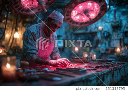 Zombie surgeon working in an eerie abandoned operating room 131332795