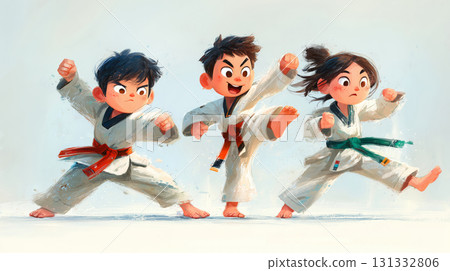 Energetic martial arts practice with three young East Asian kids having fun 131332806