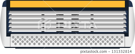 Close-up of a multi-blade shaving razor head with lubrication strip and safety bar. Close-up of a multi-blade shaving razor head with lubrication strip and safety bar. 131332814