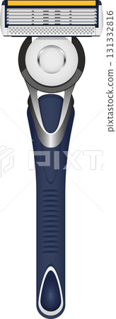 Razor with a multi-blade cartridge and ergonomic, textured blue handle on a black background. Razor with a multi-blade cartridge and ergonomic, textured blue handle on a black background. 131332816