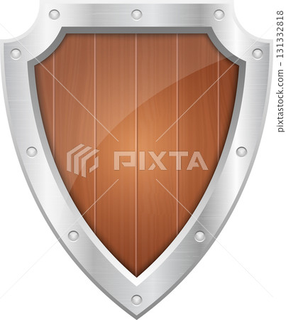 Wooden shield with a metal frame and rivets, offering medieval protection in a modern design. Wooden shield with a metal frame and rivets, offering medieval protection in a modern design. 131332818