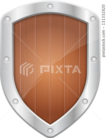 A sturdy shield with a wooden face and metallic rim, embodying protection and medieval defense. 131332820