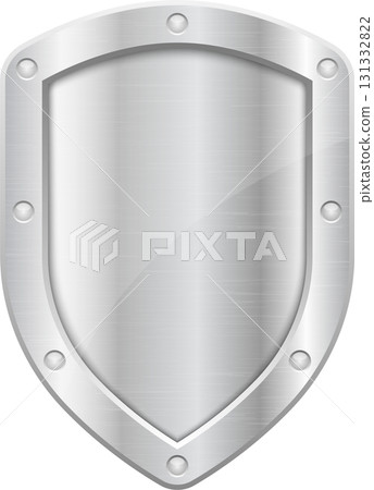 Shiny Silver Shield with Rivets - Protection, Security, Defense. Metallic texture and bright light. 131332822