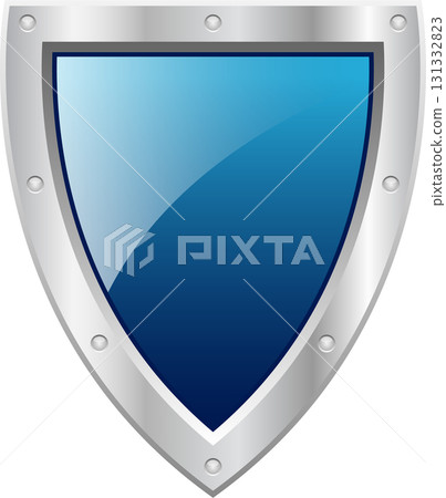 A metallic, stylized shield with a glossy blue center, offering a sense of security and protection. A metallic, stylized shield with a glossy blue center, offering a sense of security and protection. 131332823