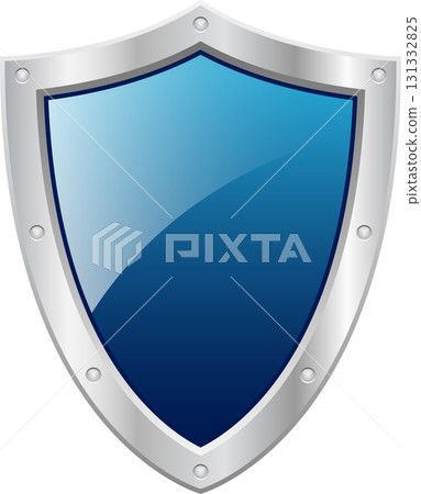 A stylized blue shield with a silver frame and rivet details on a black background. 131332825