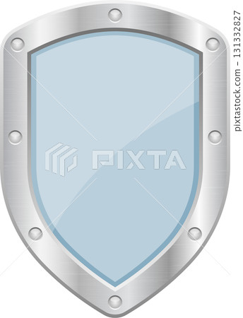 Stylized shield design with a blue segmented face, metallic frame, and prominent rivet details. 131332827
