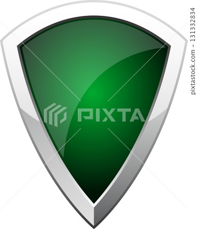 A vibrant green shield with a glossy surface, framed by a sleek silver border. Modern security. 131332834