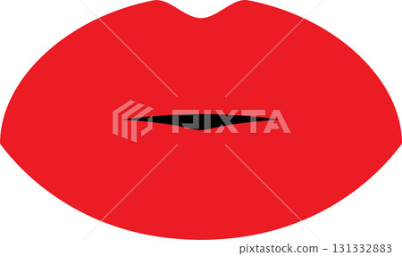 Illustration of bright red lips, set against a stark black background. Bold, simple design. 131332883