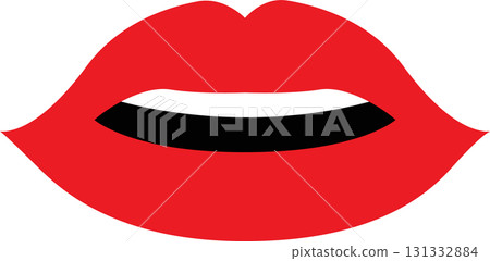Stylized, bright red lips with a white and black gap, set against a stark black backdrop. 131332884