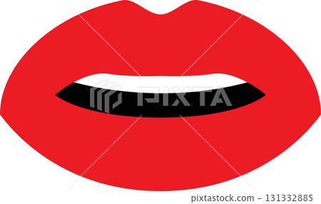 Red lips graphic with white teeth and black interior space against a dark background. 131332885