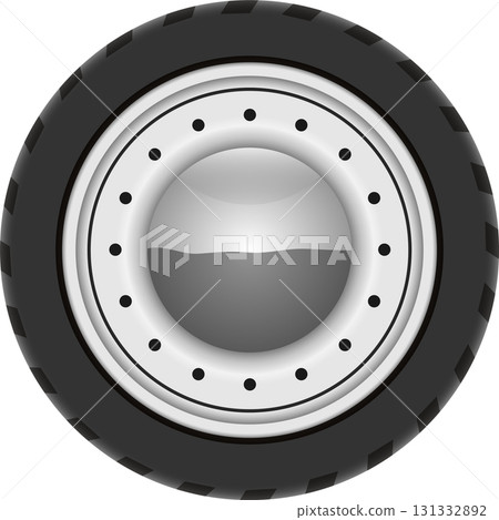 Automotive tire and wheel assembly, showcasing a durable tread pattern and a metallic rim design. 131332892