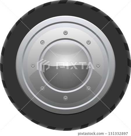 A round vehicle tire with a metallic center, mounted on a black rubber tread, graphic design A round vehicle tire with a metallic center, mounted on a black rubber tread, graphic design 131332897