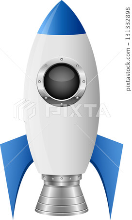 A sleek, retro-style rocket ship stands ready for launch, its blue accents adding a burst of color. 131332898