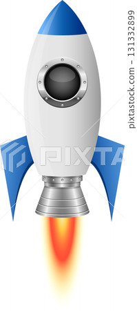 Illustration of a cartoon rocket with blue and white paint, flames, and a porthole window. Illustration of a cartoon rocket with blue and white paint, flames, and a porthole window. 131332899