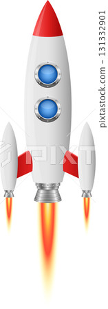 A cartoon rocket ship with a red and white body soars into space, flames emitting from the engine. 131332901