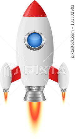 Illustration of a cartoon space rocket with white body, red accents, and flames, on black background. 131332902