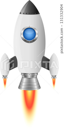 Illustration of a white rocket with a gray nose and flames shooting out from the engine. 131332904