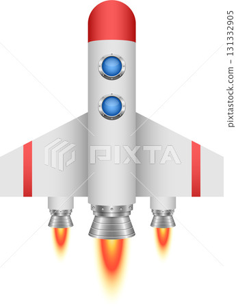 Cartoon-style rocketship with red top and fins, flying through space with fiery engines. Cartoon-style rocketship with red top and fins, flying through space with fiery engines. 131332905