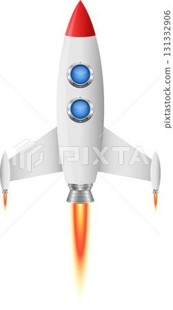 Cartoon illustration of a white rocket with red nosecone and orange exhaust against a black background. 131332906