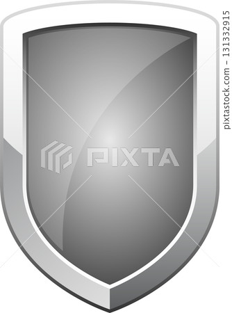 Silver metal shield with white outline, conveying security, protection, safety and resilience. 131332915
