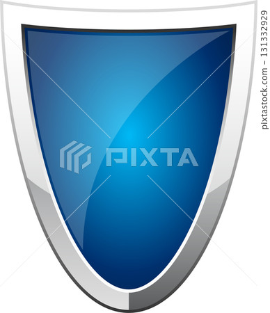 A glossy blue shield emblem with a silver border, symbolizing protection and security element. 131332929